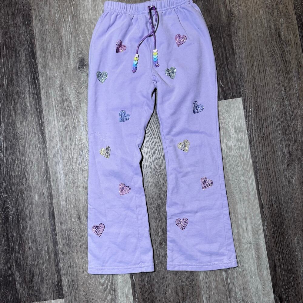 Lola + The Boys Lavender Rhinestone Heart Sweatpants girls Sz 8 Bead Drawstring